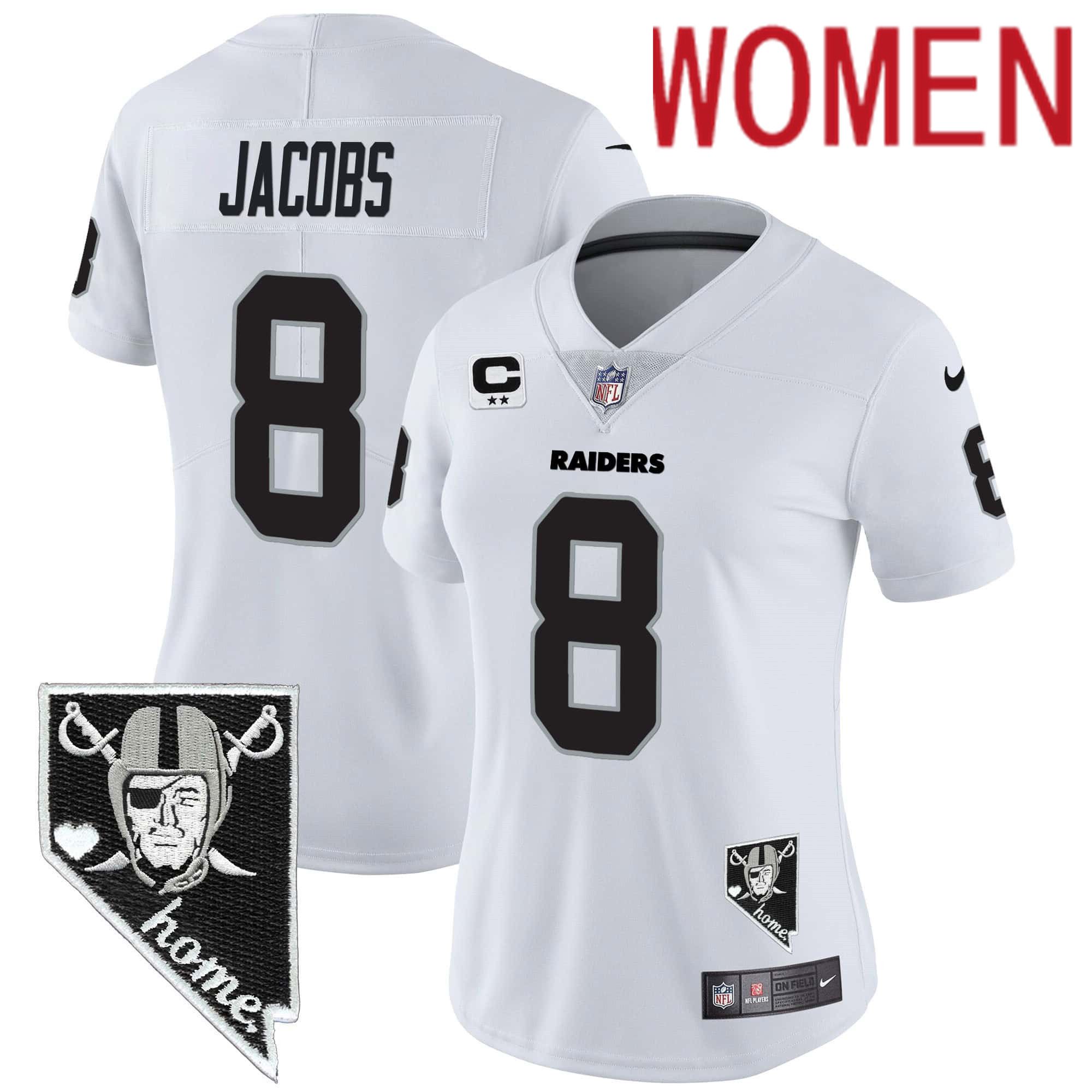 Women Oakland Raiders #8 Jacobs White 2024 Nike Nevada Home Patch Vapor NFL Jersey